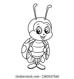 Black and White Vector Illustration of a Happy Ladybug. Cute Cartoon Ladybug Isolated on a White Background Coloring Page. Happy Insects Coloring Book for Children
