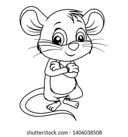 Black and White Vector Illustration of a Happy Mouse Cute Cartoon Mouse Isolated on a White Background Coloring Page. Happy Animals Coloring Book for Children