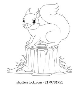 Black and White Vector Illustration of a Happy Squirrel. Cute Cartoon Squirrel Isolated on a White Background Coloring Page. Happy Animals Coloring Book for Children