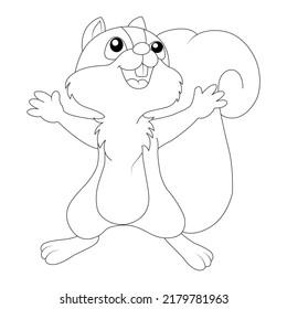 Black and White Vector Illustration of a Happy Squirrel. Cute Cartoon Squirrel Isolated on a White Background Coloring Page. Happy Animals Coloring Book for Children