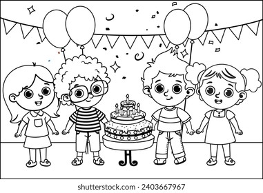 
Black and White Vector Illustration Of Happy Birthday Party, Kids Party, Birthday Celebration, Birthday Party For Children
