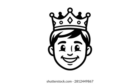 Black and white vector illustration of happy young boy wearing golden crown. Simple line art design for children.