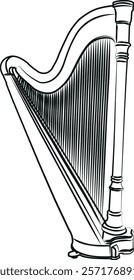 Black and white vector illustration of harp,suitable for children's drawing books