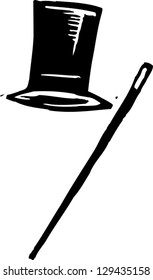 Black and white vector illustration of hat and cane