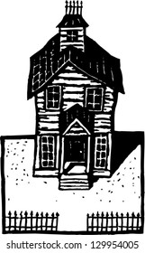 Black and white vector illustration of a haunted house