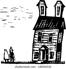 Black and white vector illustration of a haunted house