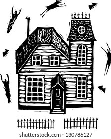 Black and white vector illustration of a haunted house