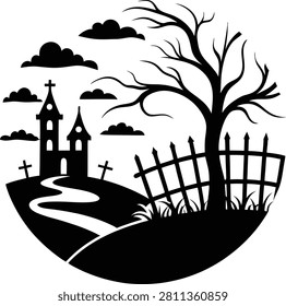 A black and white vector illustration of a haunted cemetery scene with a church, a winding path, a bare tree, and a fence, ideal for Halloween designs.