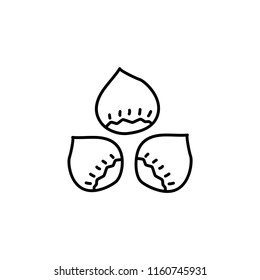 Black & white vector illustration of hazelnut with shell. Line icon of nut of hazel. Vegan & vegetarian food. Health eating ingredient. Isolated object on white background. 
