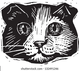 Black and white vector illustration of the head of a cat