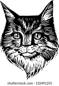 Black and white vector illustration of the head of a long haired tabby cat