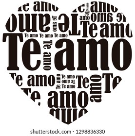 Black and white vector illustration of a heart filled with signs that say I love you in Spanish, good for Valentine's Day.