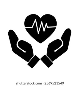 black and white vector illustration of a heart with two hands around it. The concept of care and protection, as if the heart is being held and cared for, vector illustration on a white background.