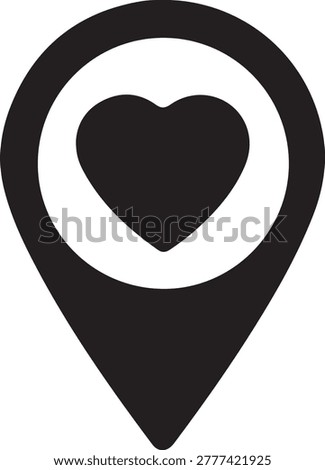 Black and white vector illustration of heart map pointer, location pin icon, favorite place symbol, web marker.