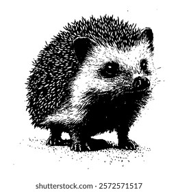 black and white vector illustration of a hedgehog, crafted with intricate shading and cross-hatching for a detailed and lifelike wildlife design