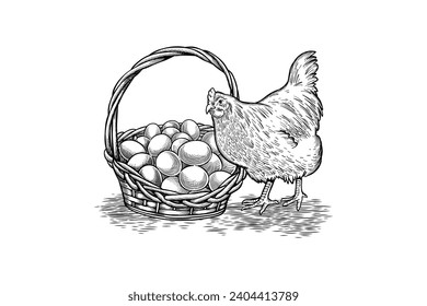 black and white vector illustration of a hen and a basket of eggs