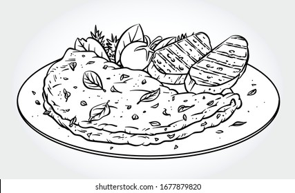 Black and white vector illustration of a herb omelette with oregano, chives, tomato and grilled bread slices on a plate.