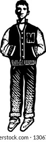 Black and white vector illustration of high school male student