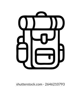A black and white vector illustration of a hiking backpack with a sleeping bag roll on top, featuring a bold, stylized outline design.