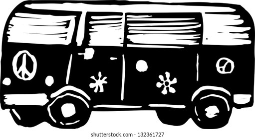 Black and white vector illustration of hippie love van