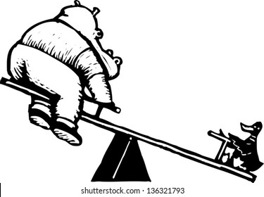 Black and white vector illustration of a hippopotamus and a black duck at the playground