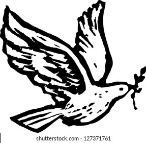 Black and white vector illustration of Holy Spirit dove with olive branch