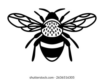 Black and white vector illustration of honey bee icon with detailed wings and striped body. Clipart image isolated on background.