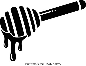 Black and white vector illustration of a honey dipper with honey dramatically dripping down.