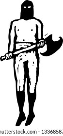 Black and white vector illustration of hooded executioner with ax