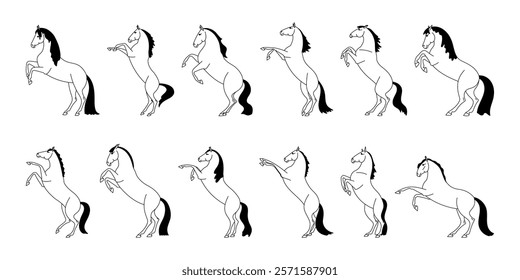 Black and white vector illustration of a horse with a black mane in multiple rearing poses on a white background