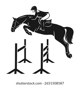 Vetor preto e branco ilustração de um cavalo e cavaleiro realizando um show saltando saltos sobre obstáculos