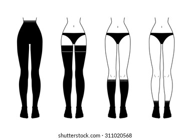 Black and white vector illustration of hosiery elements: tights, stockings, golfs and socks. Flat icon set of lingerie for design. Silhouettes of female underwear.