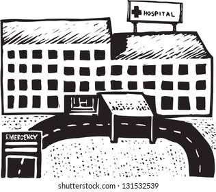 Black and white vector illustration of hospital