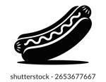 Black and white vector illustration of a hot dog with mustard on a white background. Simple and clean design.