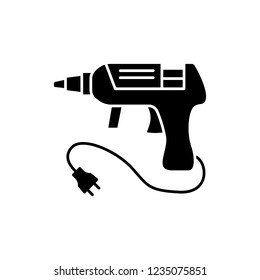 Black & white vector illustration of hot glue gun. Flat icon of melt adhesive equipment for repair & diy projects. Isolated object on white background