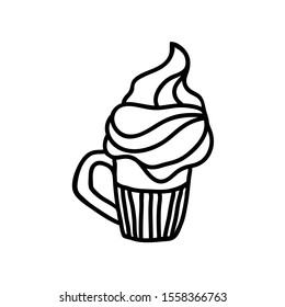 Black and white vector illustration of hot chocolate mug.  Warm cocoa  with whipped cream. Simple and cute symbol of cozy home. 