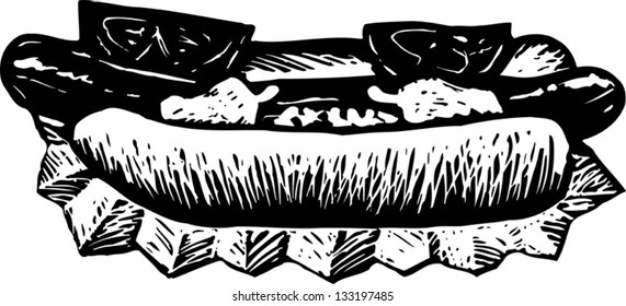 Black and white vector illustration of a hotdog