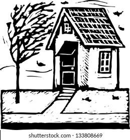 Black and white vector illustration of house and tree with blowing leaves in fall