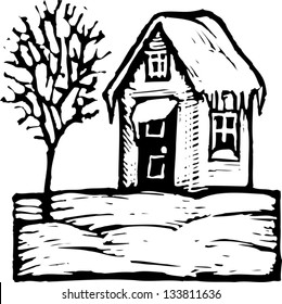 Black and white vector illustration of house and tree in snow