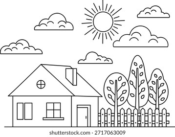 Black and white vector illustration, house with trees, sun and clouds, outdoor landscape sketch, simple line art, peaceful nature scene.