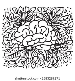 Black and white vector illustration of a human brain with floral ornament.