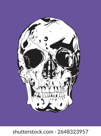 Black and white vector illustration of a human skull in a detailed graphic style, perfect for tattoo designs, gothic art, horror-themed projects, rock and punk merchandise, and alternative fashion