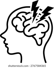 Black and white vector illustration of a human head in profile with a brain showing lightning bolts, symbolizing headache, migraine, stress, or mental pain.