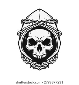 Black and white vector illustration of a human skull wearing a fabric hood tightly wrapped and bound with metal chains, isolated on a white background for graphic design use.