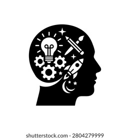Black and white vector illustration of human head profile filled with diverse icons like glowing light bulb mechanical gears creative tools rocket launch and starry moon symbolizing balanced analytical thinking design process technological innovation and limitless imagination