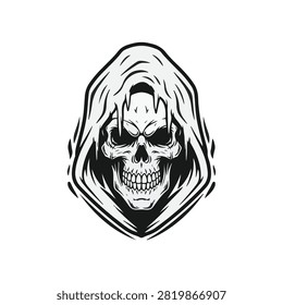 Black and white vector illustration of a human skull wearing a hooded cloak with dripping icicles, centered on a white background, featuring high contrast line art and bone structure.