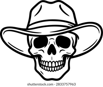 Black and white vector illustration of a human skull wearing a cowboy hat, isolated on white background