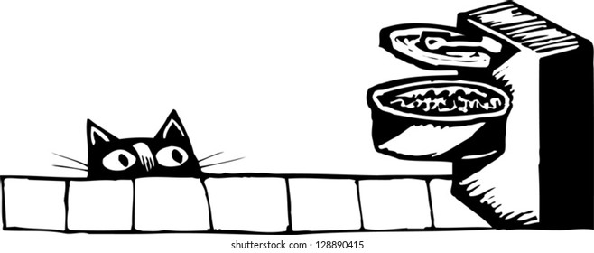 Black and white vector illustration of a hungry cat