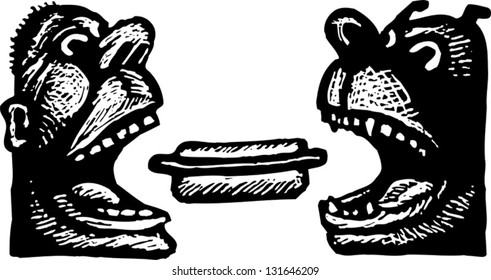 Black and white vector illustration of a hungry African American man and his dog