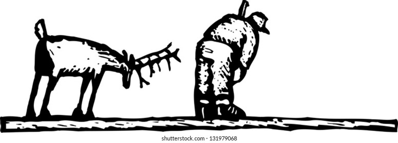 Black and white vector illustration of hunter tracking deer